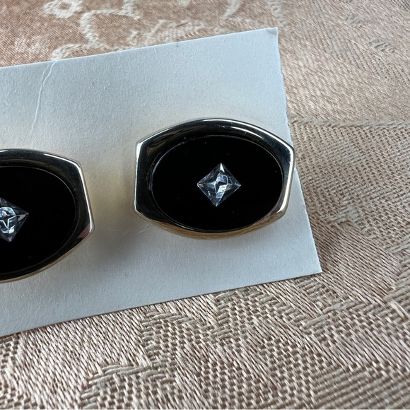 VINTAGE CUFFLINKS BLACK SILVER RHINESTONE ACCENT EVENT FORMAL WEDDING - Picture 3 of 6